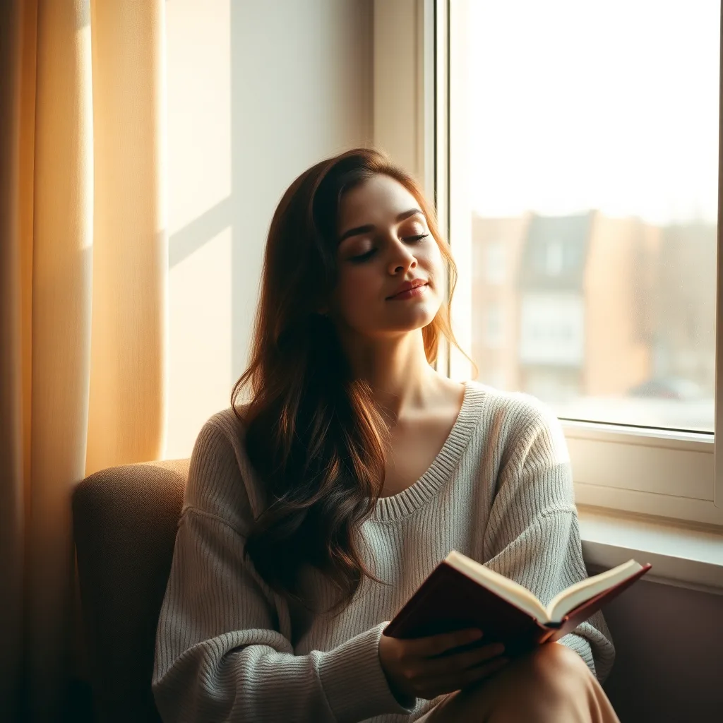 A serene woman sitting by a window with warm natural light