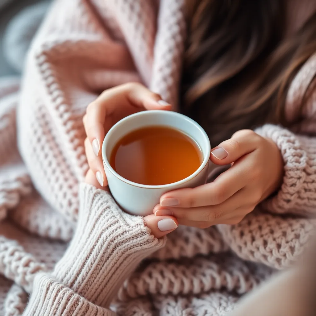 Close up of hands holding a warm cup of tea
