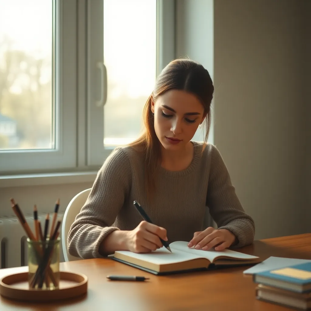 Woman writing in journal at desk